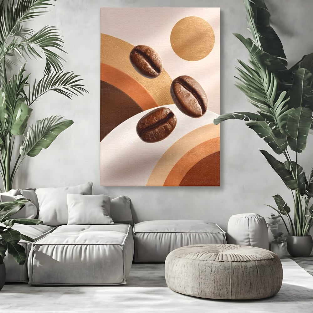 Tablou canvas cu tablou canvas cu boabe de cafea, fara rama, pe sasiu de lemn, pe perete intr-un living